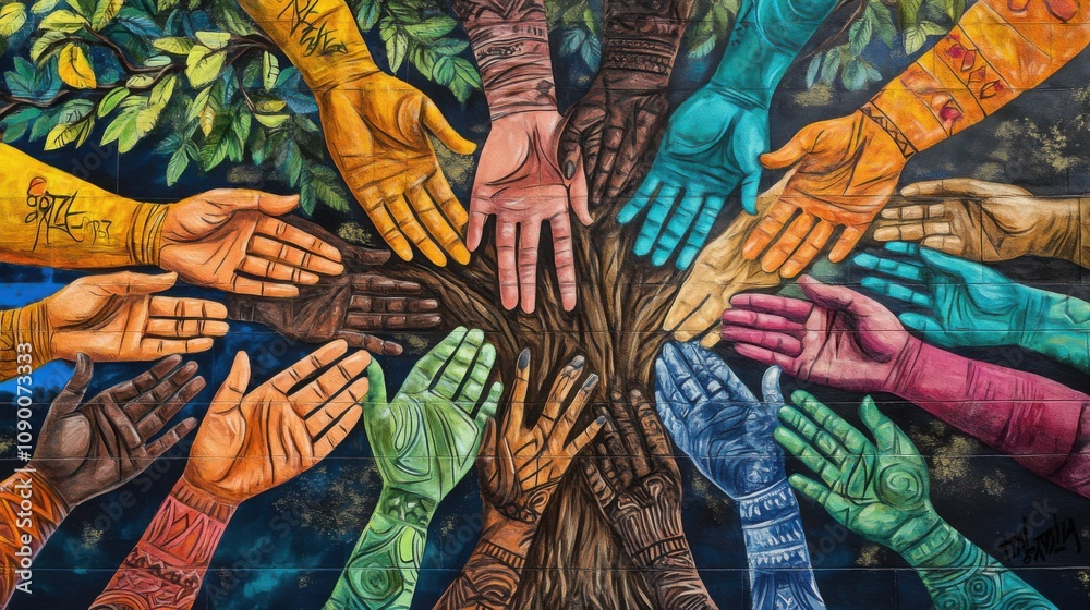 Poster a community mural depicting hands of various skin tones interlocking to form a tree of life, symboli