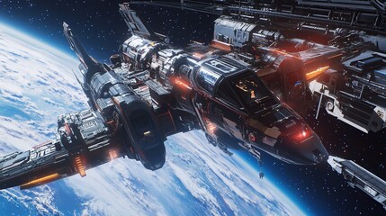 Fototapeta premium Spacecraft Flying Past Earth