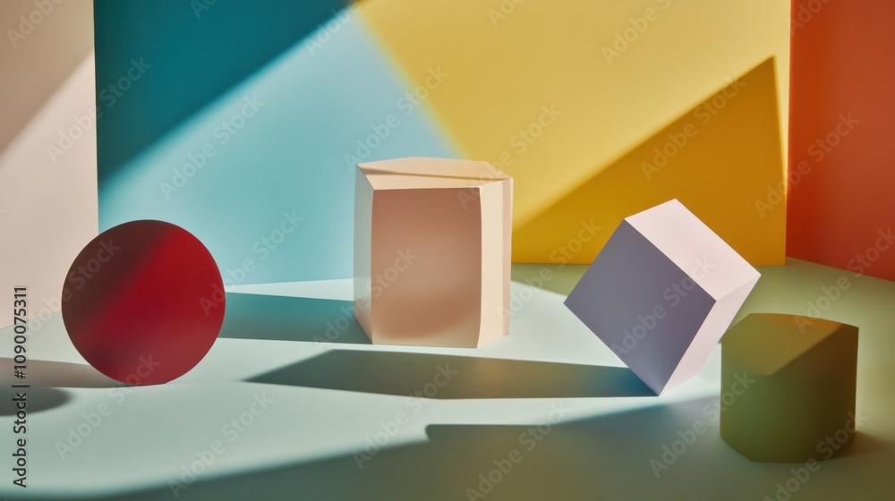 Aufkleber A conceptual image of diverse, floating geometric shapes casting colorful shadows on a smooth surface, Representing the multifaceted nature and impact of inclusive practices