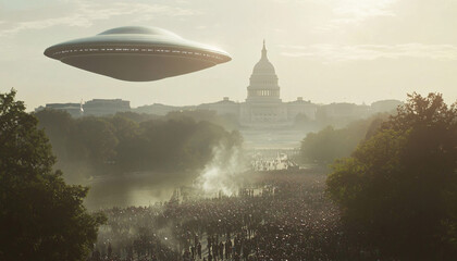 UFO, an alien saucer hovering above the field in the clouds, hovering motionless in the sky. Unidentified flying object, alien invasion, extraterrestrial life, space travel, spaceship. mixed media
