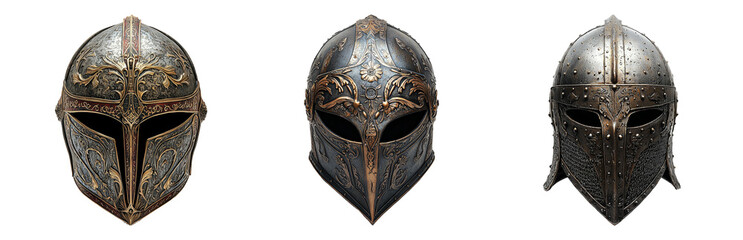 Fototapeta premium Vintage Knight Helmets with Intricate Designs. Isolated on transparent background