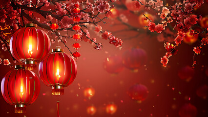 Fototapeta premium Red lanterns hang from branches with pink blossoms. Warm red background.