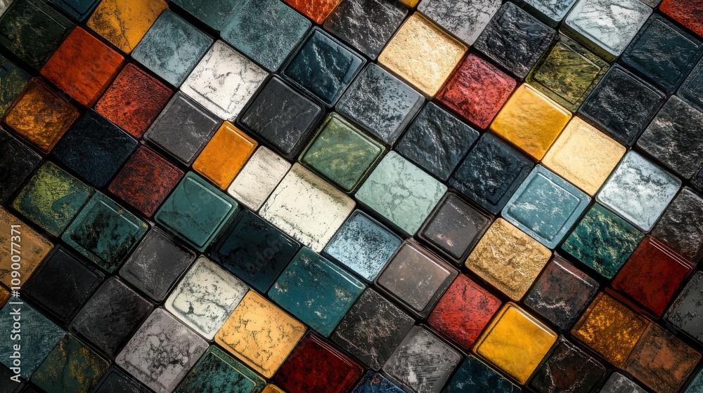 Poster a conceptual visualization of a mosaic of varied, colorful tiles coming together to form an intricat
