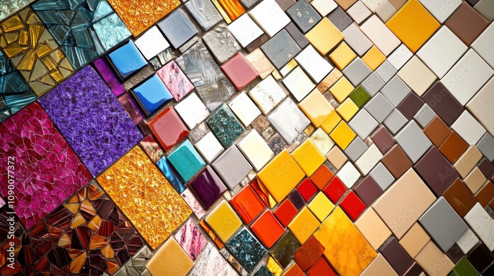Poster a conceptual visualization of a mosaic of varied, colorful tiles coming together to form an intricat