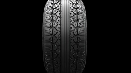 A sharp shot of a car tire with intricate tread patterns, captured in high definition with clear studio lighting to emphasize its grip and design features