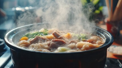 A steaming hot pot of sukiyaki, with tender meat and fresh vegetables, captured in full HD with studio lighting that brings out the rich colors and textures