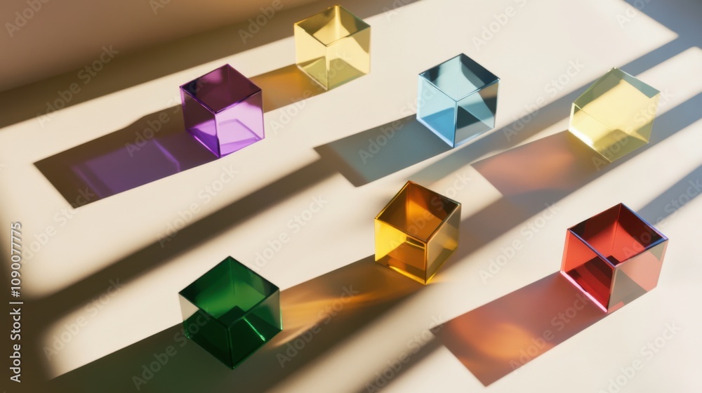 Poster A conceptual visualization of diverse, floating geometric prisms casting colorful shadows on a surface, Representing the multifaceted and dynamic nature of inclusive environments