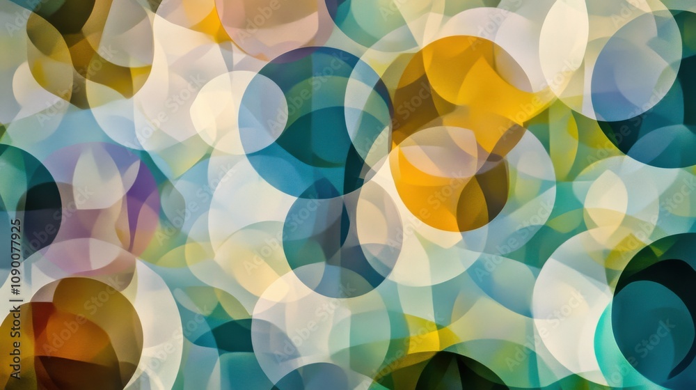 Poster A conceptual visualization of fragmented, translucent circles in varied hues forming an overlapping pattern, Representing the complexity and depth of integrated experiences within diverse communities