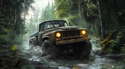A rugged truck splashes through muddy terrain in a dense forest.