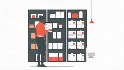 Person reviews an inventory list and places an order over the phone. Logistics in company warehouse. Minimalist illustrated animation