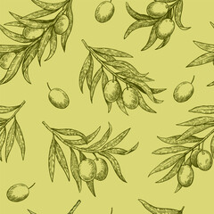 Monochrome seamless pattern of olive branches in engraving style. Hand-drawn vector illustration for design and decor.