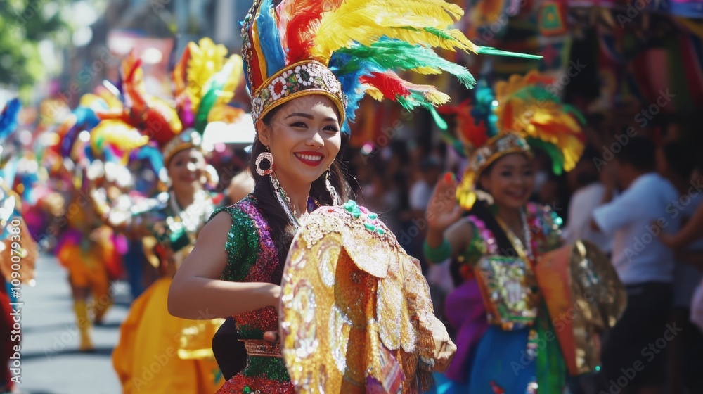 Poster a cultural parade with vibrant floats and performers from different ethnicities celebrating unity in
