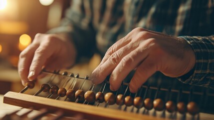 Close-up of hands using an abacus to perform calculations, with clear focus on the beads and crisp studio lighting highlighting the traditional tool