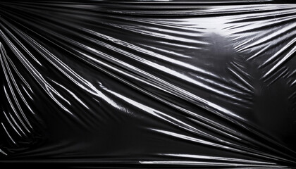 Transparent plastic wrap on the black background. Clean blank texture overlay effect template. Isolated wrinkle surface branding mock-up.