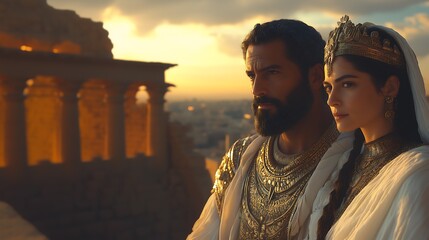 Queen Esther and King Ahasuerus in the royal palace, story of faith reported in the Bible. Rainha Esther e o rei assuero