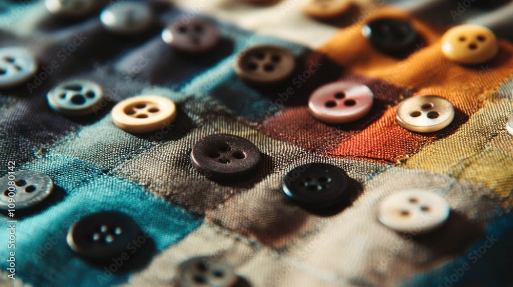 Poster A diverse array of buttons sewn onto a single fabric, Illustrating the strength and cohesion achieved through diverse elements, minimalist composition