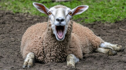 Obraz premium A sheep lying on the ground with its mouth open, appearing to yawn or vocalize. A Funny Animal or Meme of Goat
