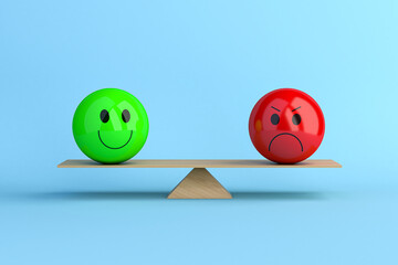 Scale comparing happy and angry emoji, symbolizing motivated and unmotivated people in the workplace. Ideal for topics on productivity, team management and job satisfaction. 3D illustration