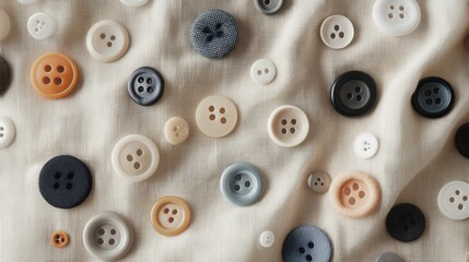 A diverse array of buttons sewn onto a single fabric, Illustrating the strength and cohesion achieved through diverse elements, minimalist composition