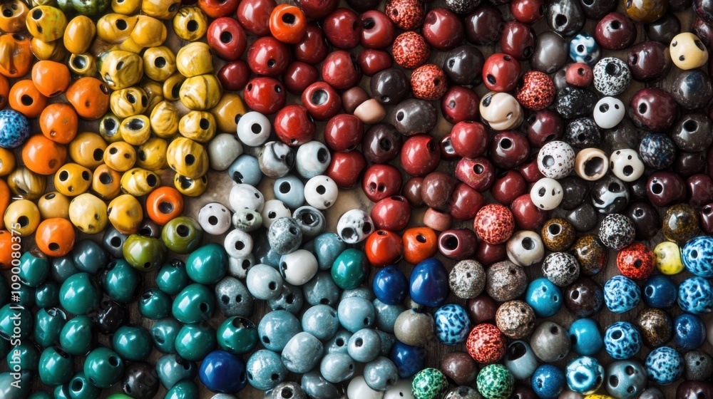 Poster a diverse array of colorful beads forming a cohesive pattern, illustrating the intricate and harmoni