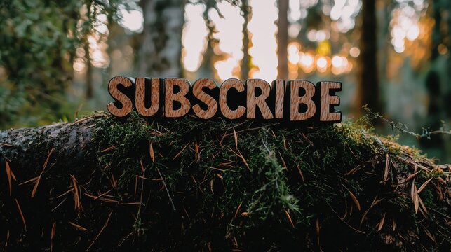 Wooden subscribe sign displayed on mossy tree bark in a forest setting
