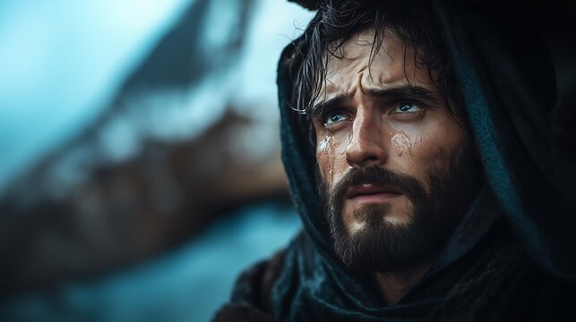 Disciple Peter in a boat, crying with regret for having betrayed Jesus. Pedro discipulo dde Jesus em um barco arrependido