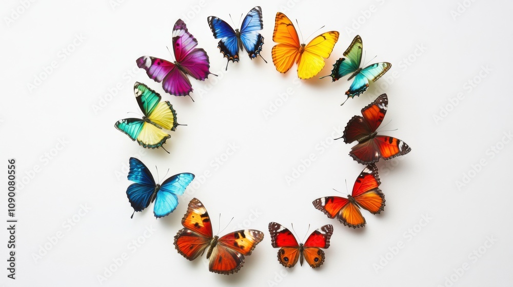 Poster A diverse array of colorful butterflies forming a circle, Symbolizing the transformation and beauty in diversity, minimalist composition