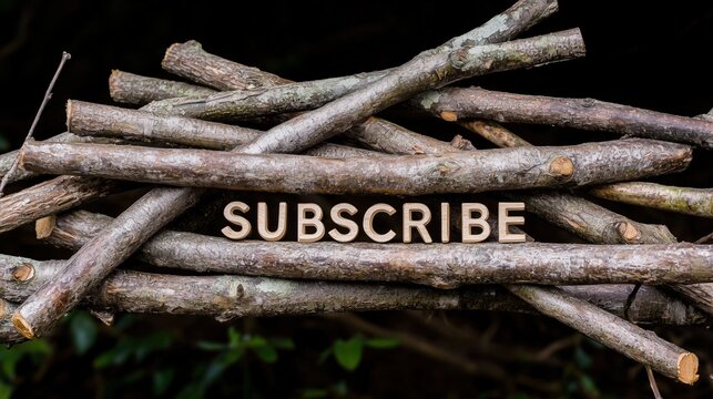Wooden subscribe text on a pile of natural tree branches outdoors