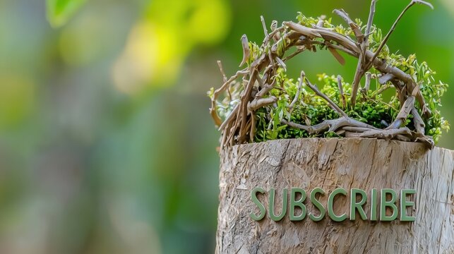 Subscribe text on a wooden stump with greenery and natural twigs