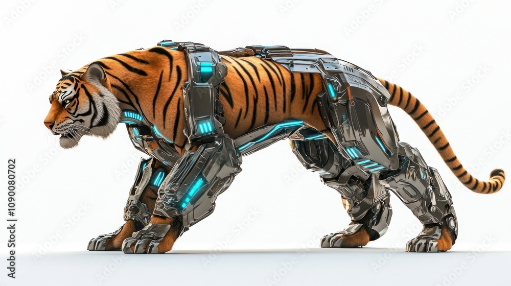 Poster a robotic tiger design combining organic and mechanical elements.