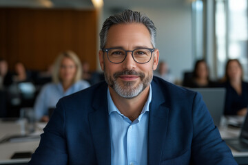 Smiling man in a blue suit and glasses, showcasing confidence and professionalism