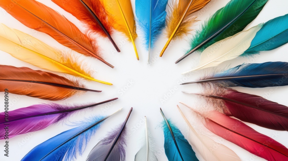 Poster A diverse array of colorful feathers forming a circle, Symbolizing the harmony and beauty found in diverse elements, minimalist composition
