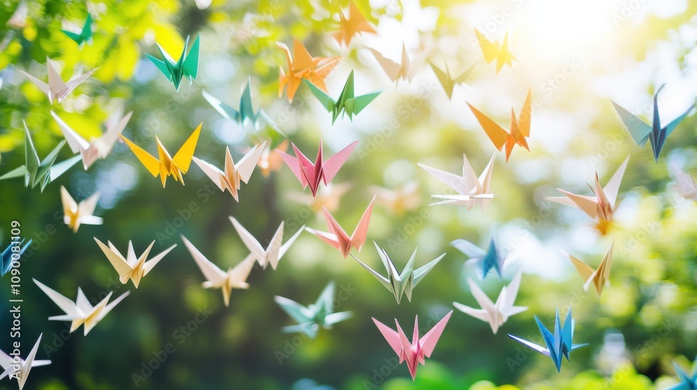 Poster A diverse array of colorful paper cranes hanging together in a serene garden, symbolizing hope and unity, minimalist composition