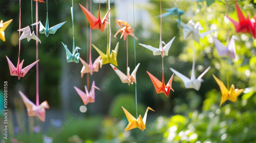 Poster A diverse array of colorful paper cranes hanging together in a serene garden, symbolizing hope and unity, minimalist composition