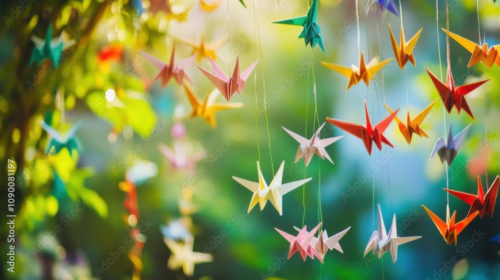 Poster A diverse array of colorful paper cranes hanging together in a serene garden, symbolizing hope and unity, minimalist composition