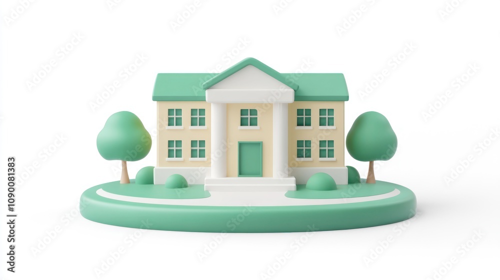 Poster a stylized 3d illustration of a house with trees on a circular base.