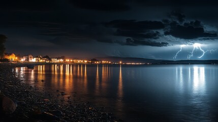 Night scene of lightning storm over calm lake reflecting lights of coastal town.
