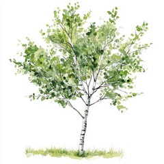Obraz premium A vibrant watercolor illustration of a leafy green tree with a slender trunk, set against a white background, evoking a sense of nature and tranquility.