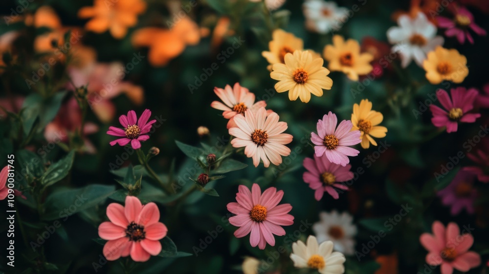 Poster a diverse array of flowers blooming in a single garden, representing the beauty and harmony of diver