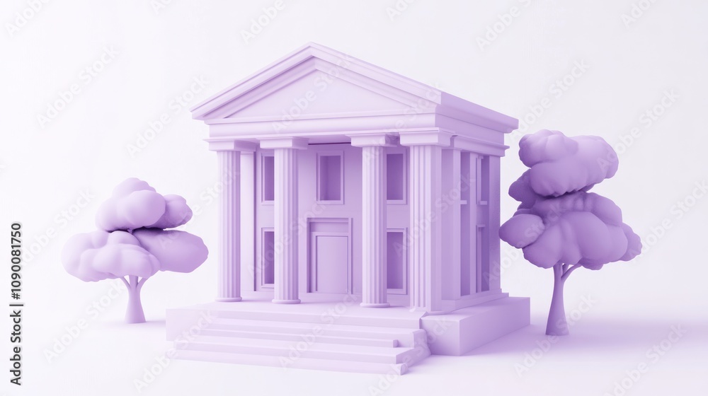Poster A stylized purple building with columns and trees, representing a classical architectural design.
