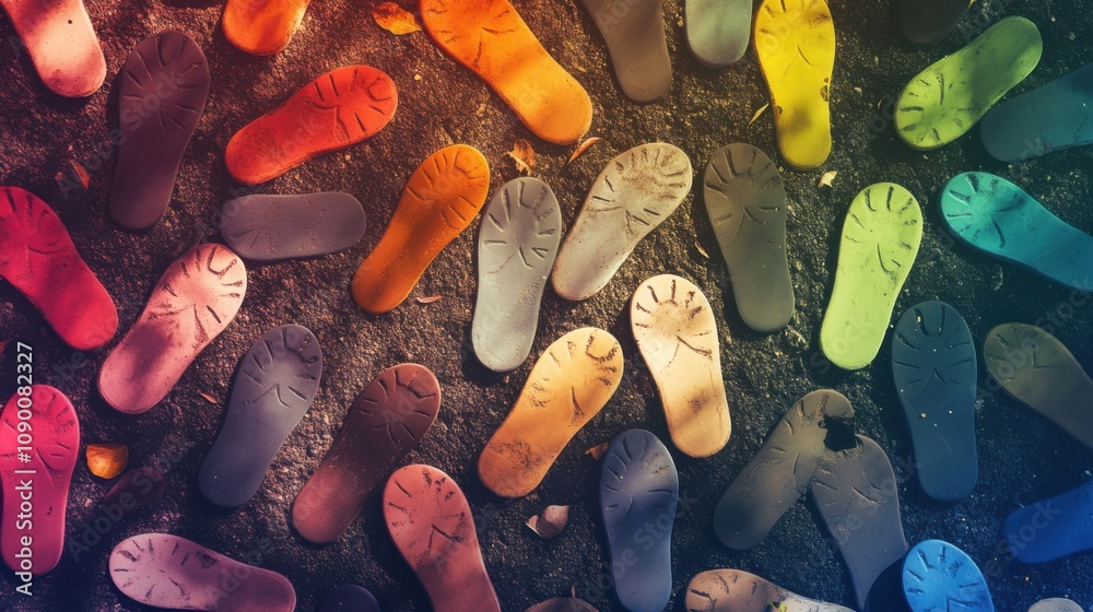 Poster A diverse array of people鈥檚 footprints in different colors forming a path, Symbolizing the journey towards inclusion and equal opportunity, photography style