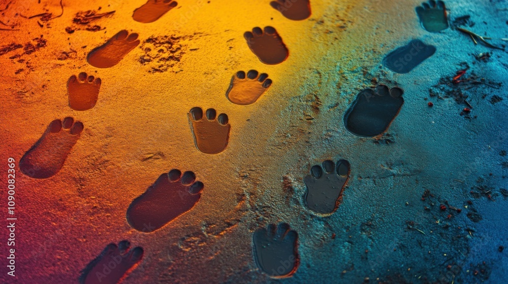 Poster a diverse array of people鈥檚 footprints in different colors forming a path, symbolizing the journey t