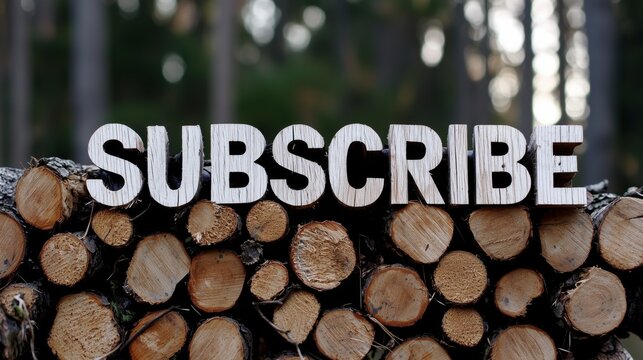 Subscribe wooden letters on stacked logs - Powered by Adobe