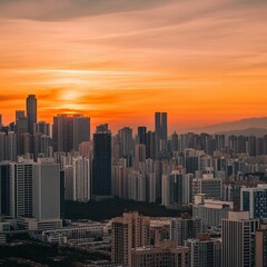 Obraz premium Sunset over an urban skyline with high-rise buildings silhouetted against the sky