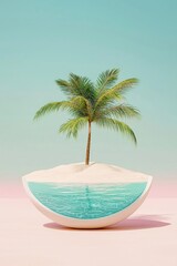 Fototapeta premium Tropical island paradise palm tree oasis serene beach digital art minimalist style surreal concept tranquil vibes