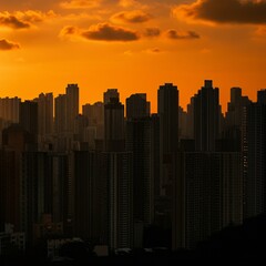 Obraz premium Sunset over an urban skyline with high-rise buildings silhouetted against the sky