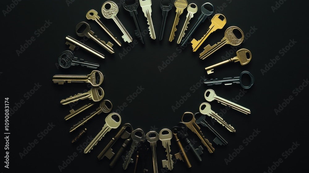 Poster A diverse group of keys arranged in a circle, Symbolizing the unlocking of potential through diversity, minimalist composition