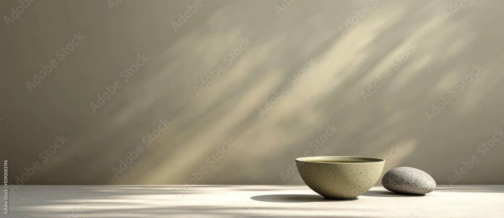 Poster A minimalist scene featuring a bowl and a stone, illuminated by soft shadows.