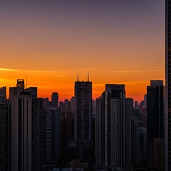 Fototapeta premium Sunset over an urban skyline with high-rise buildings silhouetted against the sky