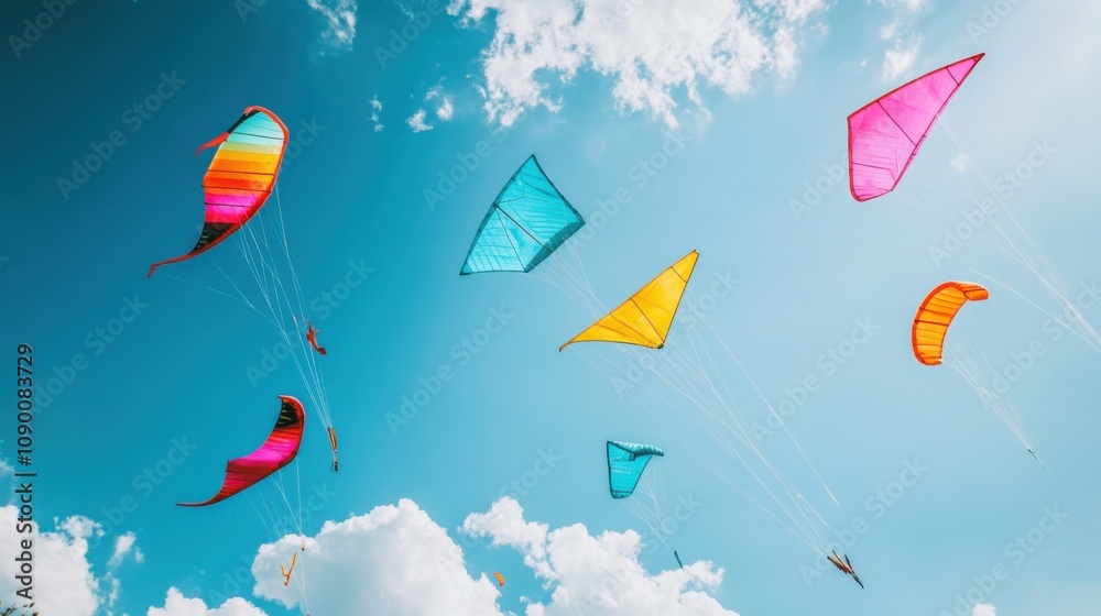 Poster a diverse range of colorful kites flying in the sky, symbolizing the freedom and joy of diverse expr